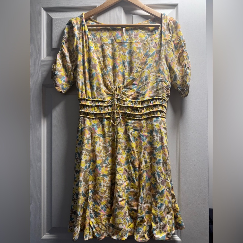 Yellow and Blue Ruched Mini Sundress with Puff Sleeves
